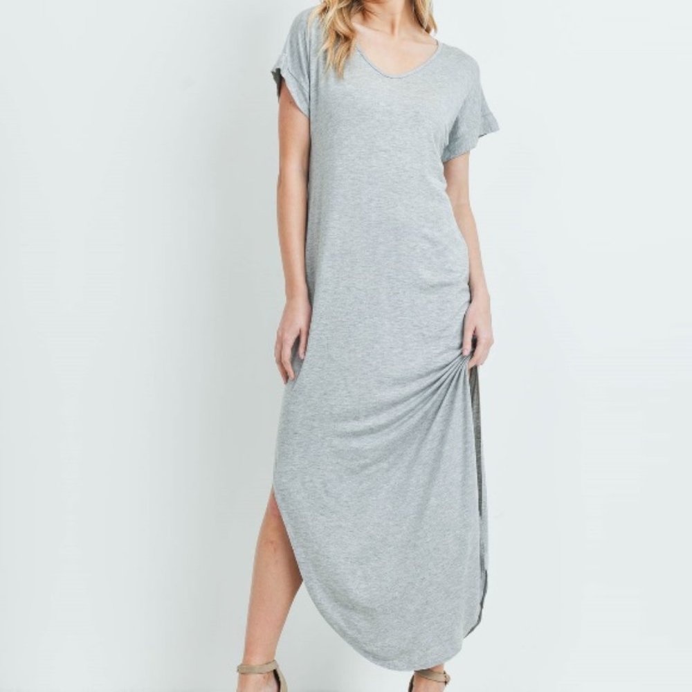 Side Slit T-Shirt Maxi Dress Gray